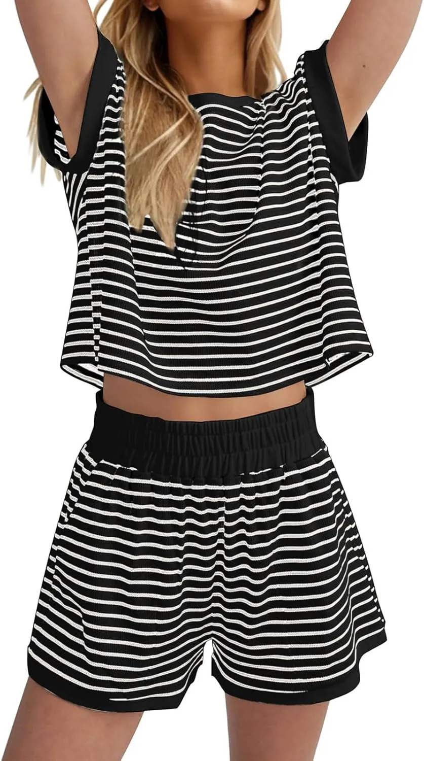 ZWRXW Two Piece Sets for Women Summer Comfort Stripe Knit Short Sleeve Tee Shirts Shorts Matching Set Loungewear Shorts Sets