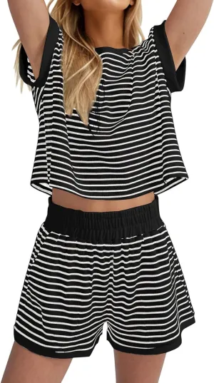 ZWRXW Two Piece Sets for Women Summer Comfort Stripe Knit Short Sleeve Tee Shirts Shorts Matching Set Loungewear Shorts Sets