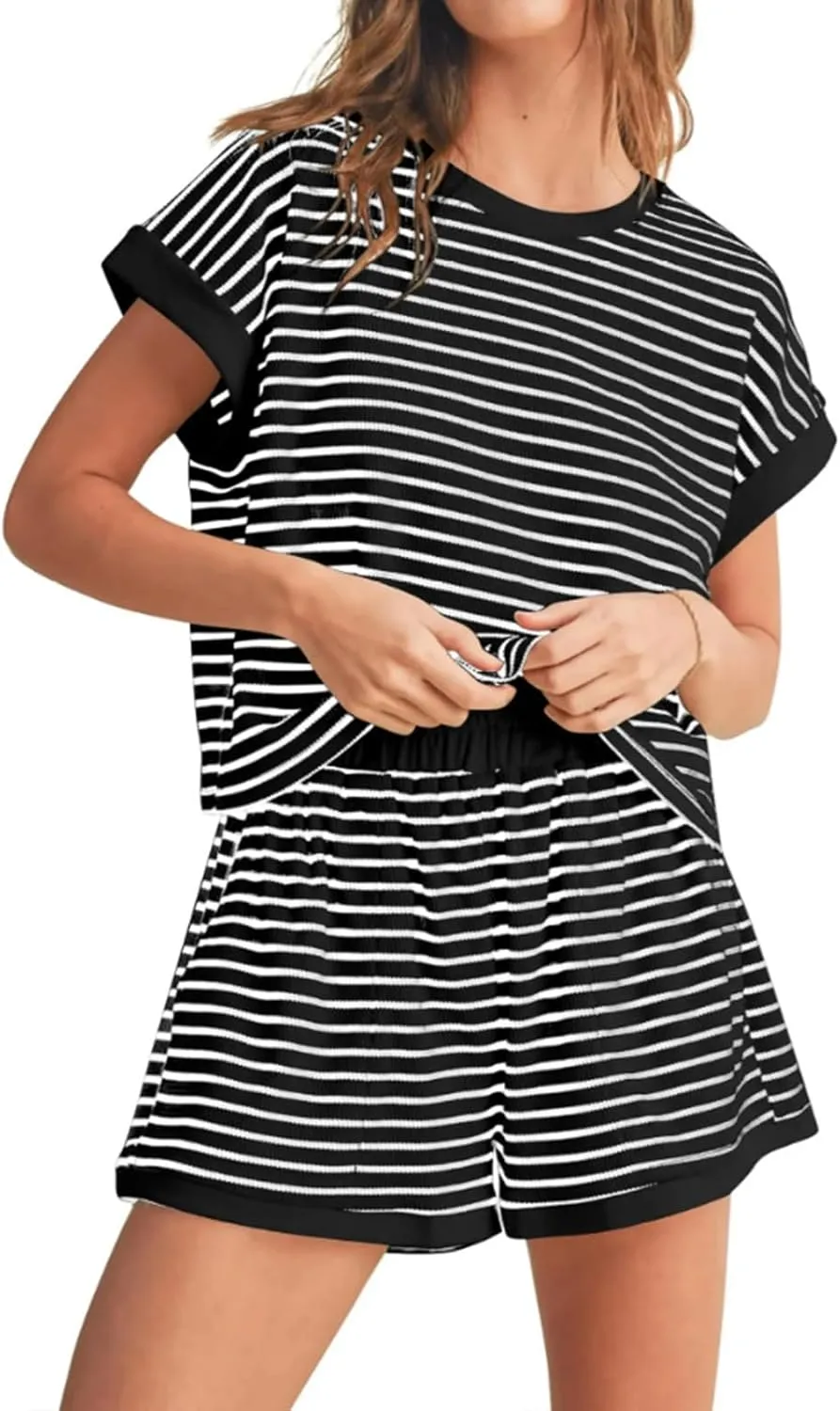 ZWRXW Two Piece Sets for Women Summer Comfort Stripe Knit Short Sleeve Tee Shirts Shorts Matching Set Loungewear Shorts Sets