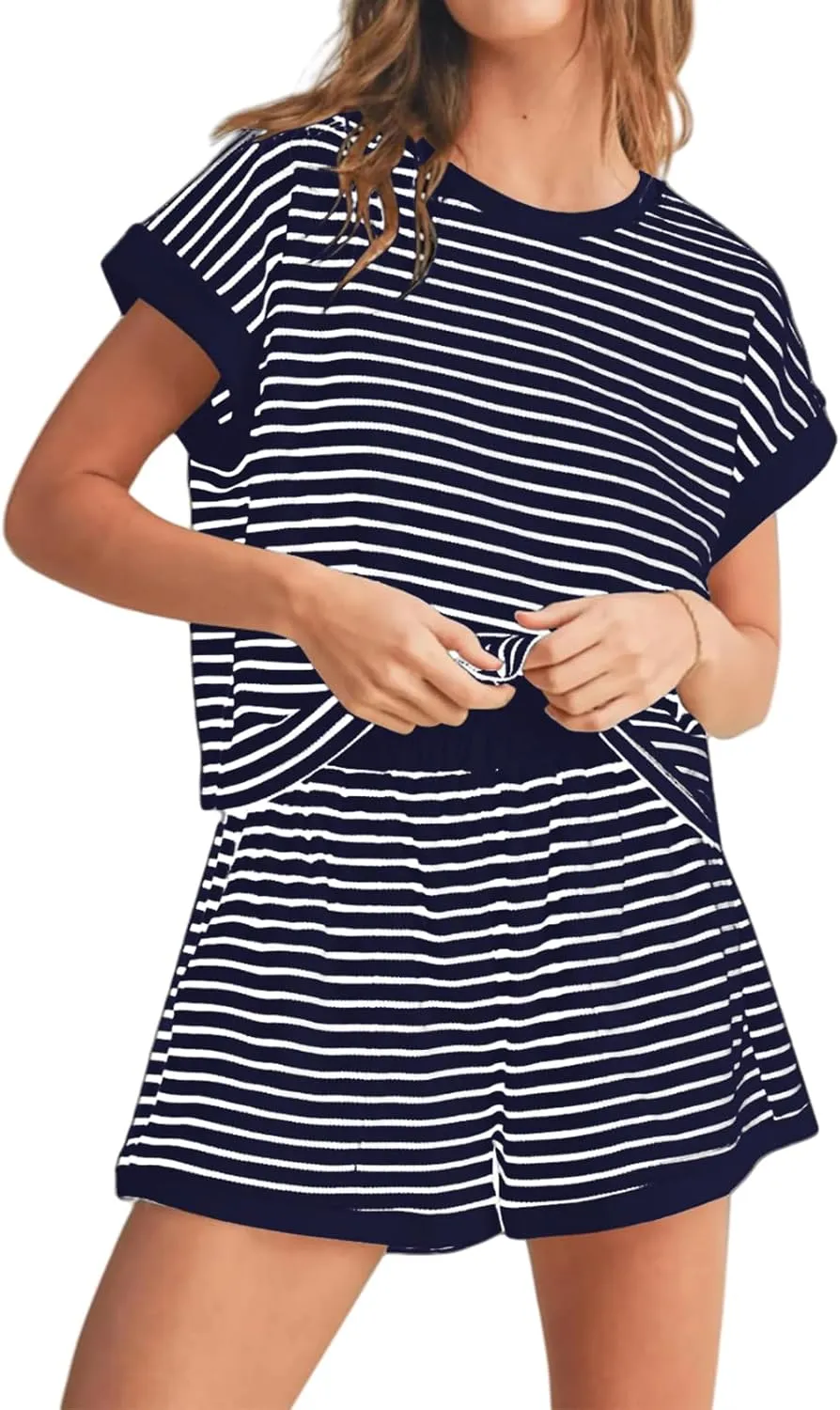 ZWRXW Two Piece Sets for Women Summer Comfort Stripe Knit Short Sleeve Tee Shirts Shorts Matching Set Loungewear Shorts Sets