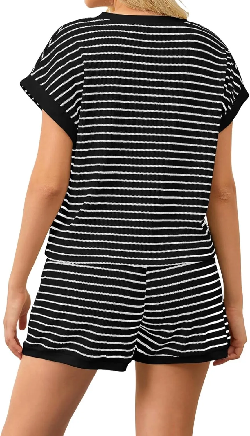 ZWRXW Two Piece Sets for Women Summer Comfort Stripe Knit Short Sleeve Tee Shirts Shorts Matching Set Loungewear Shorts Sets