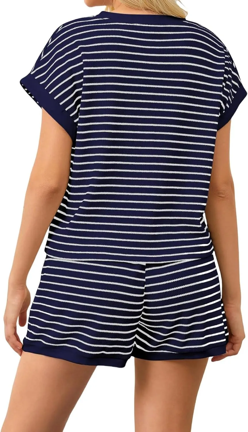 ZWRXW Two Piece Sets for Women Summer Comfort Stripe Knit Short Sleeve Tee Shirts Shorts Matching Set Loungewear Shorts Sets