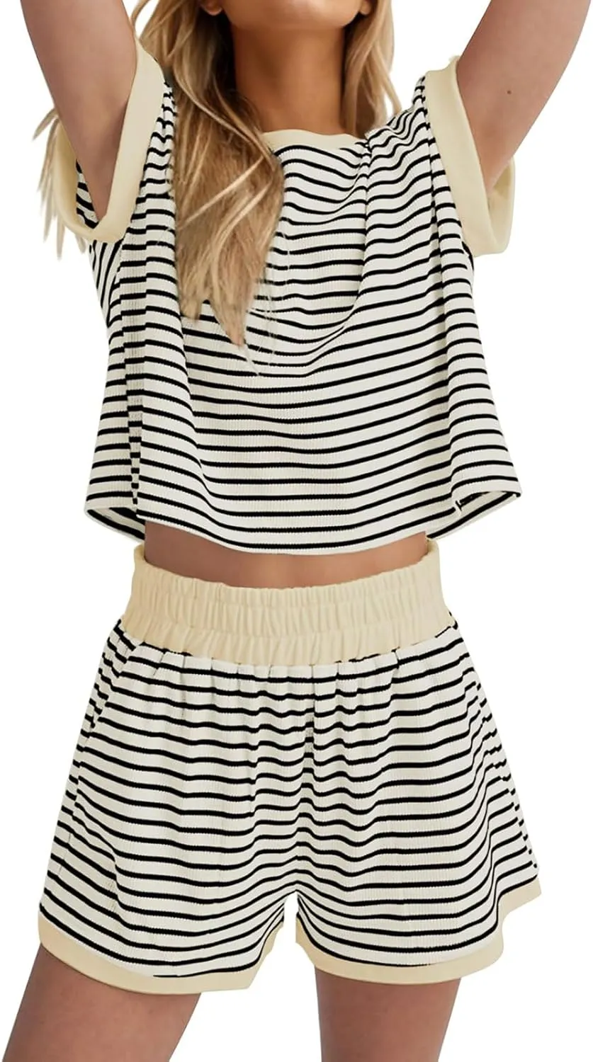 ZWRXW Two Piece Sets for Women Summer Comfort Stripe Knit Short Sleeve Tee Shirts Shorts Matching Set Loungewear Shorts Sets